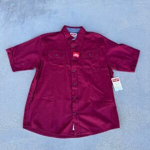 Wrangler Men Short Sleeve Button Up Shirt Burgundy Flex for Comfort Size Large